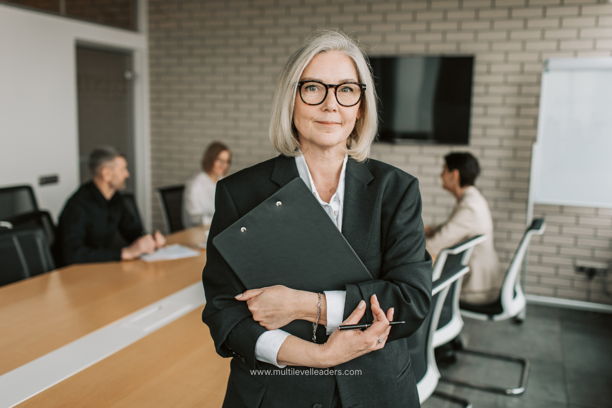 A senior manager in a boardroom holding a folder, with a team meeting in the background
