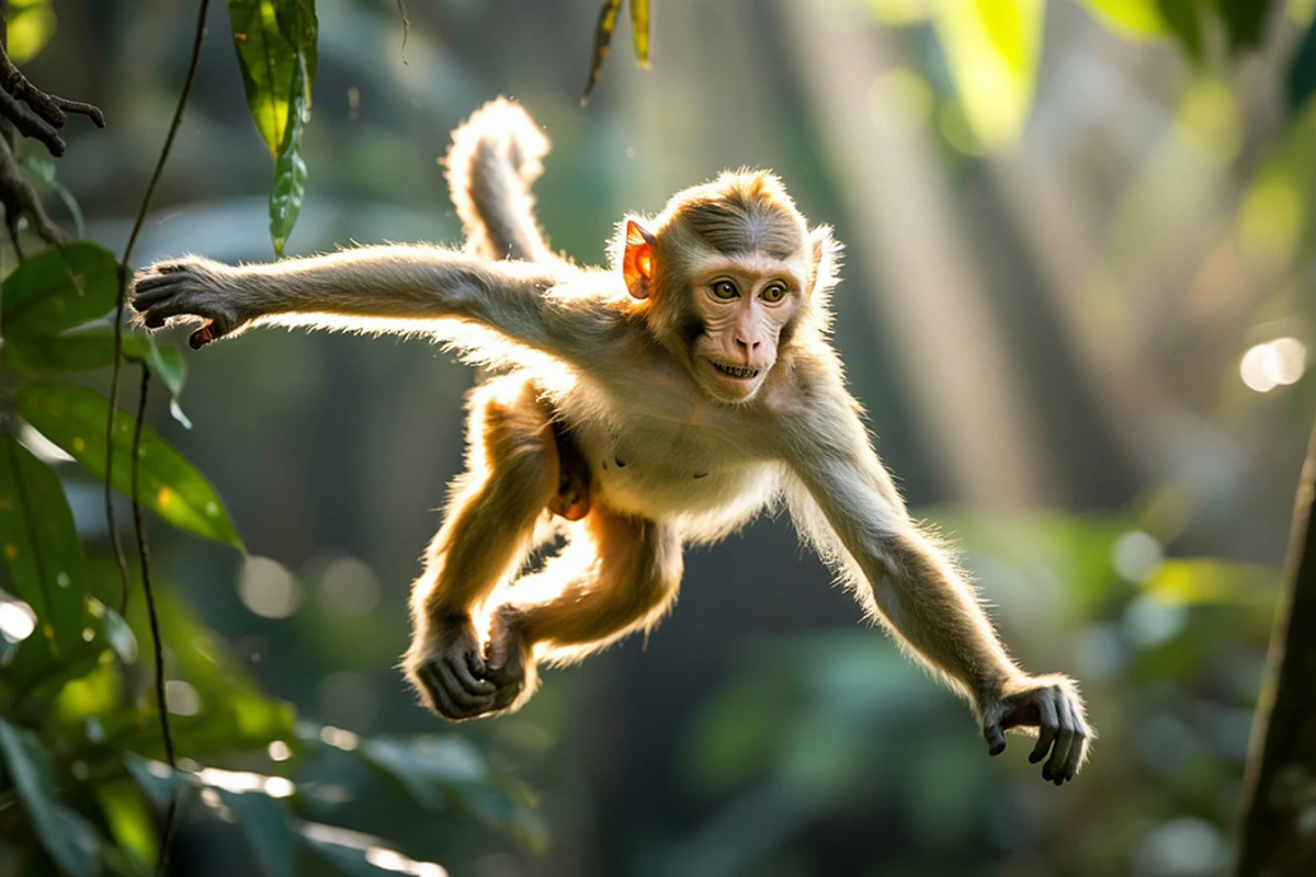 A monkey leaping through jungle foliage, illustrating the monkey-and-pedestal metaphor for testing strategic assumptions before building the plan