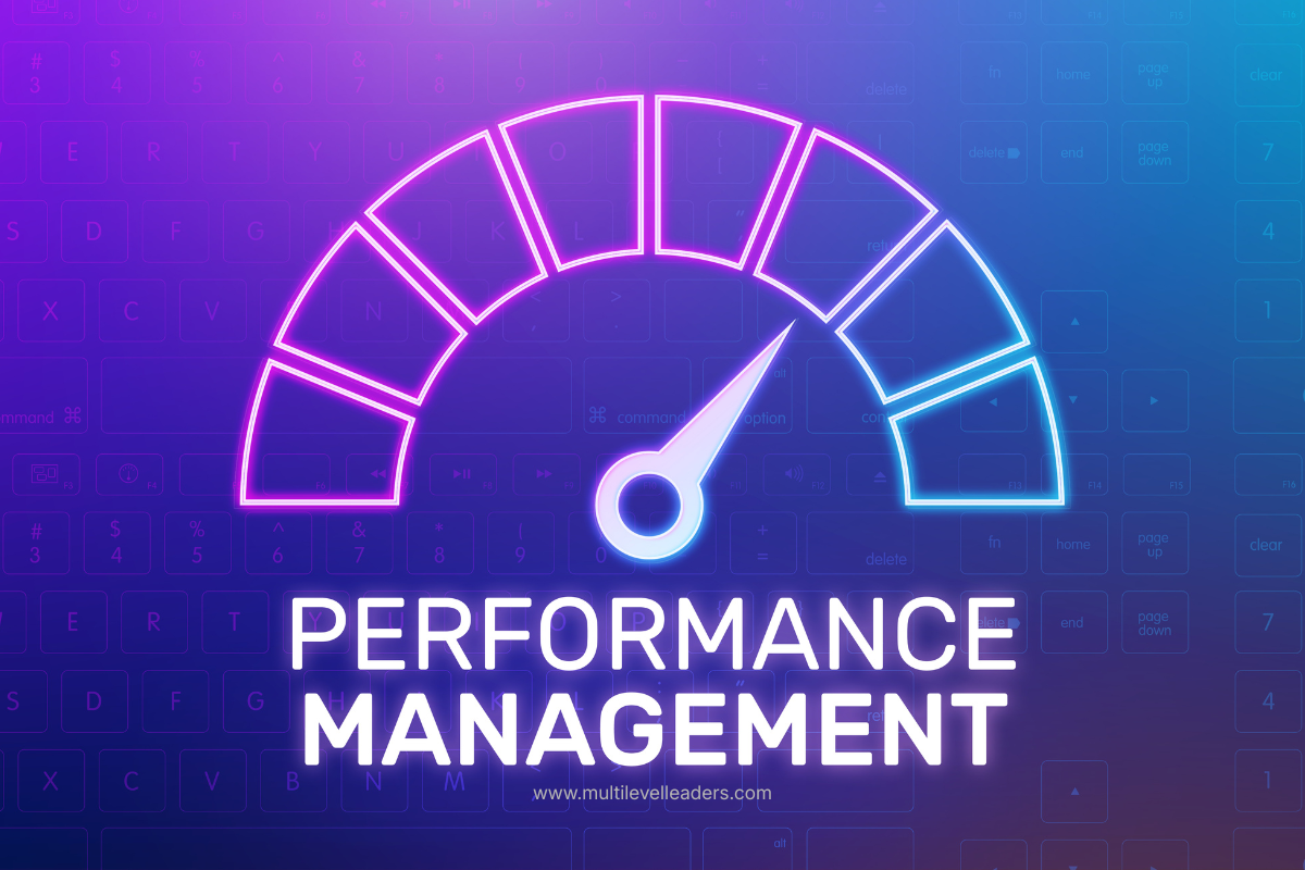 A glowing neon performance gauge over a keyboard background, symbolizing employee performance management and the MARS model