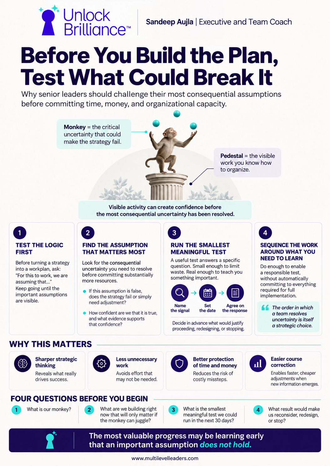 AI-generated visual summary of the monkey and pedestal essay: test the logic first, find the assumption that matters most, run the smallest meaningful test, and sequence the work around what you need to learn